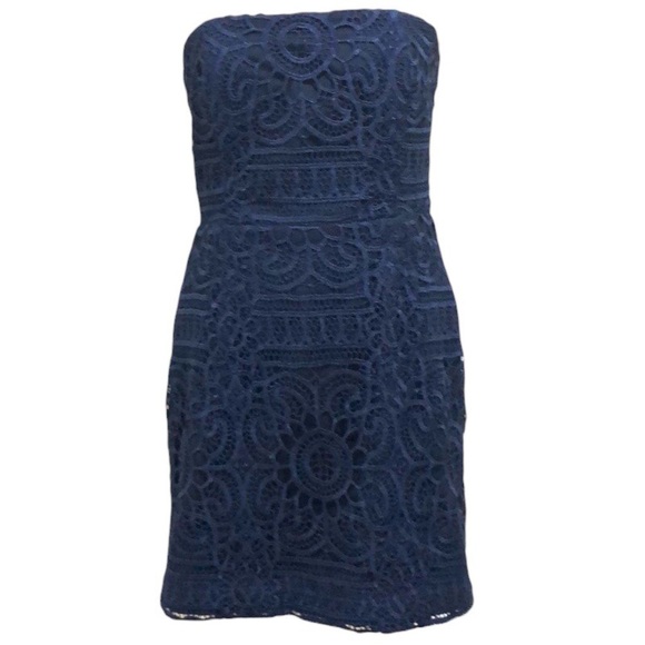 NICHOLAS Mini Dress Size US 6 Navy Blue Guipure Floral Lace Strapless Sheath